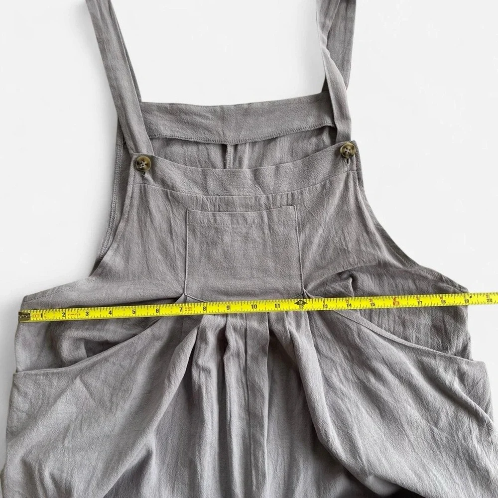 Light Gray Cotton Wide Leg Jumpsuit Romper with Pockets - Picture 4 of 6